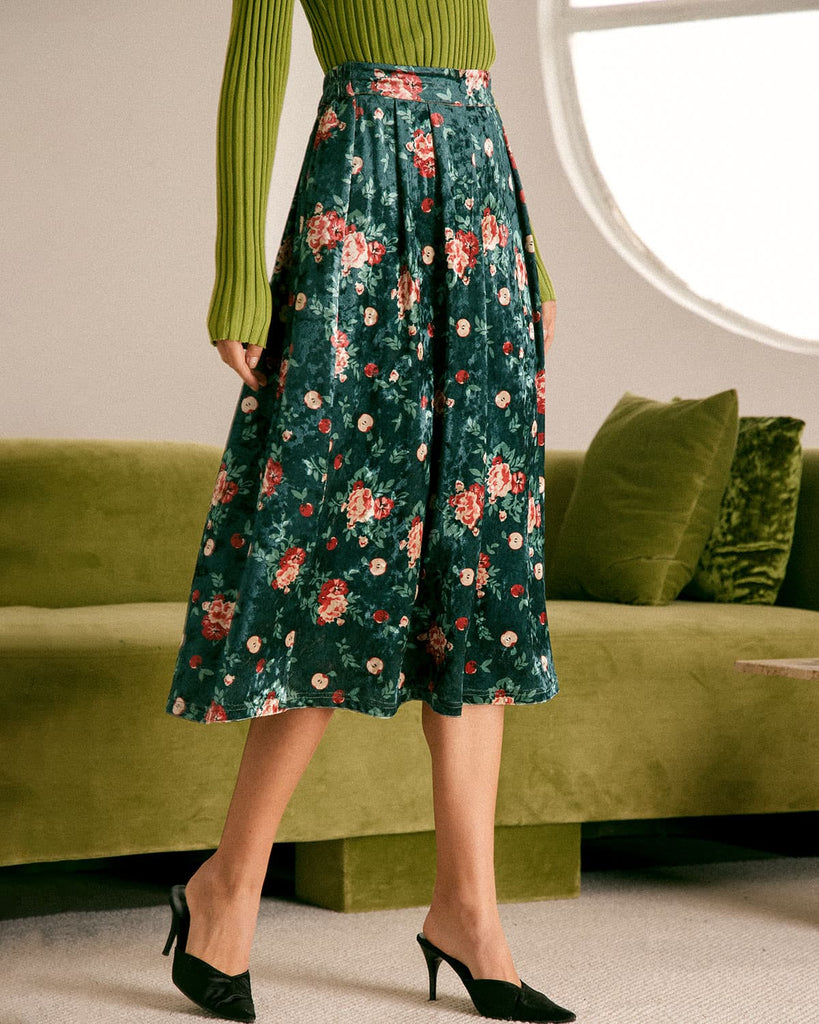 The Green Floral Velvet Midi Skirt Bottoms - RIHOAS