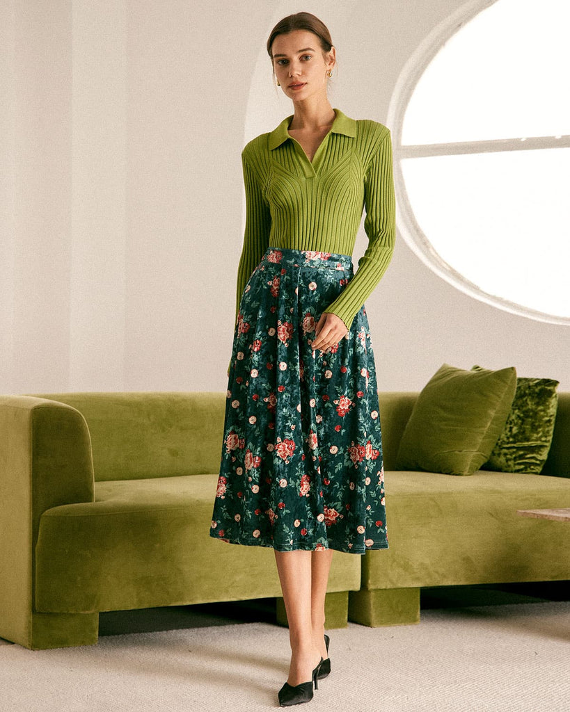 The Green Floral Velvet Midi Skirt Bottoms - RIHOAS