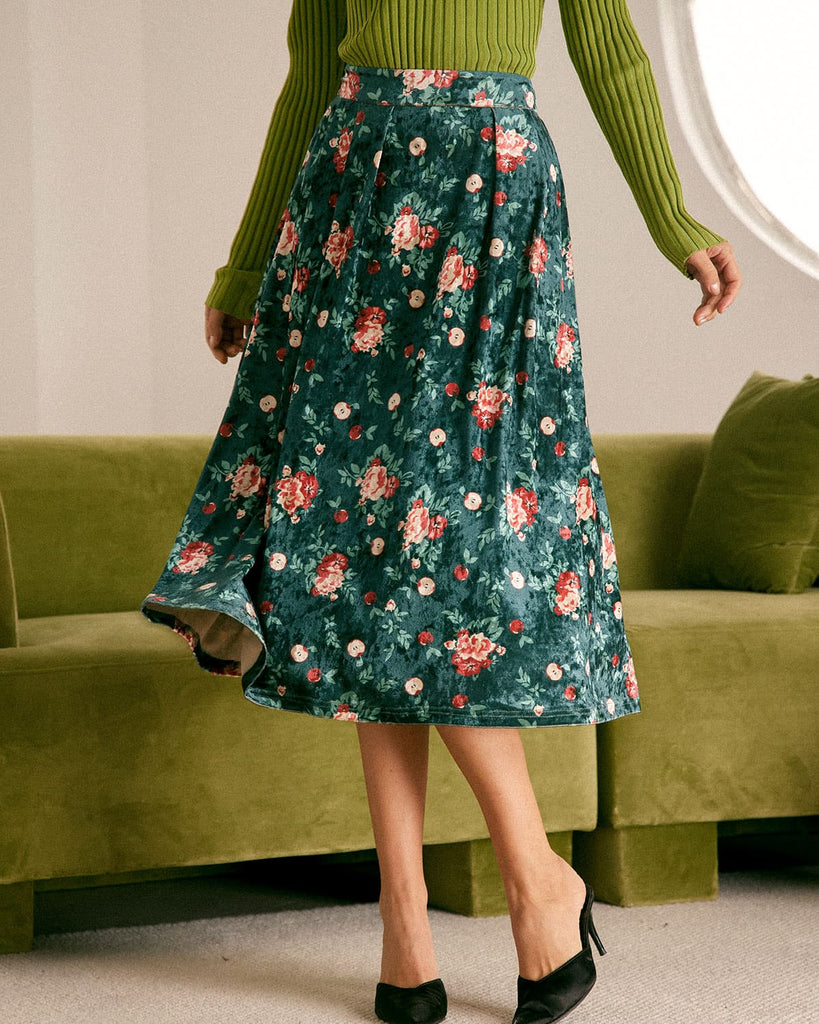 The Green Floral Velvet Midi Skirt Bottoms - RIHOAS