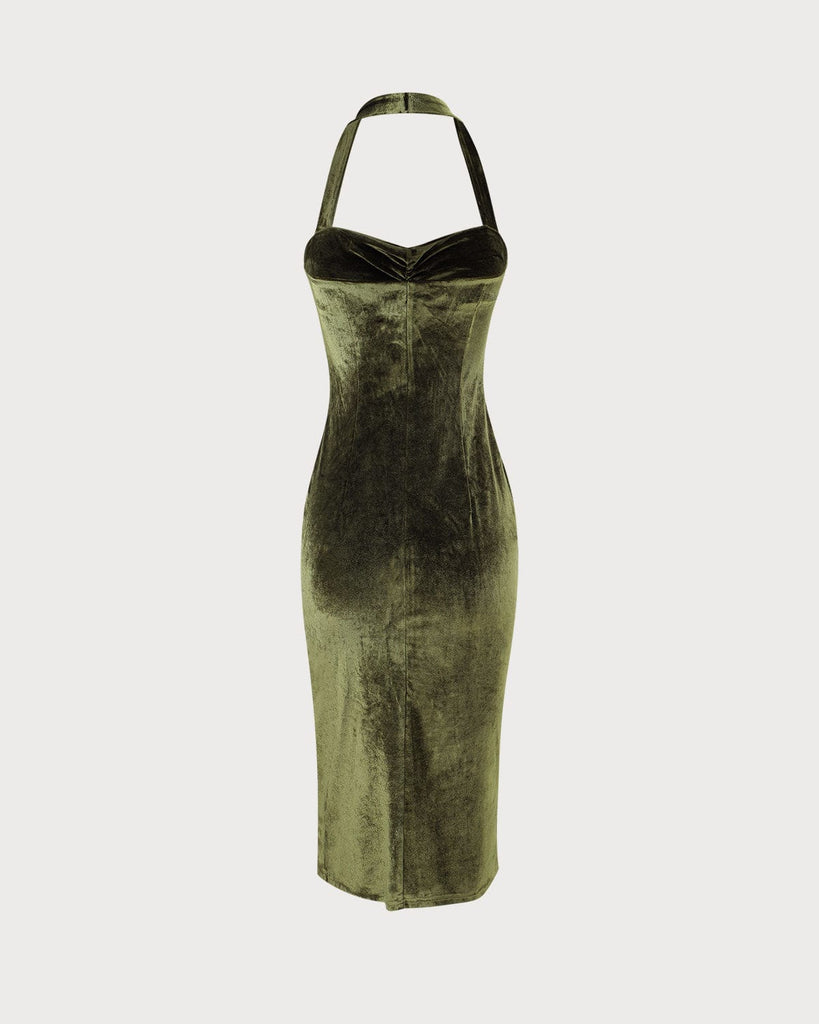 The Green Halter Ruched Velvet Dress Dresses - RIHOAS