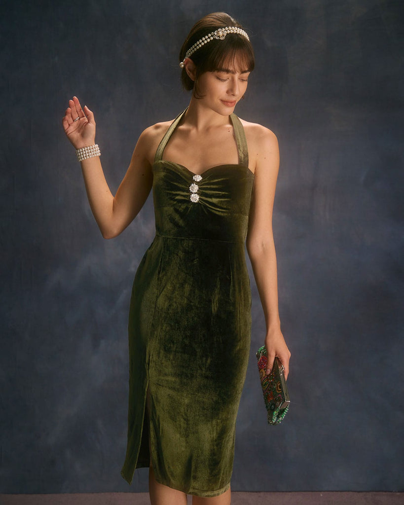 The Green Halter Ruched Velvet Dress Dresses - RIHOAS