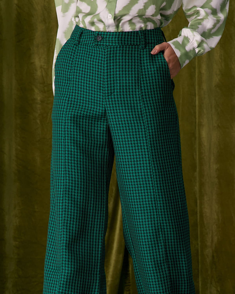 The Green Houndstooth Wide Leg Pants Bottoms - RIHOAS