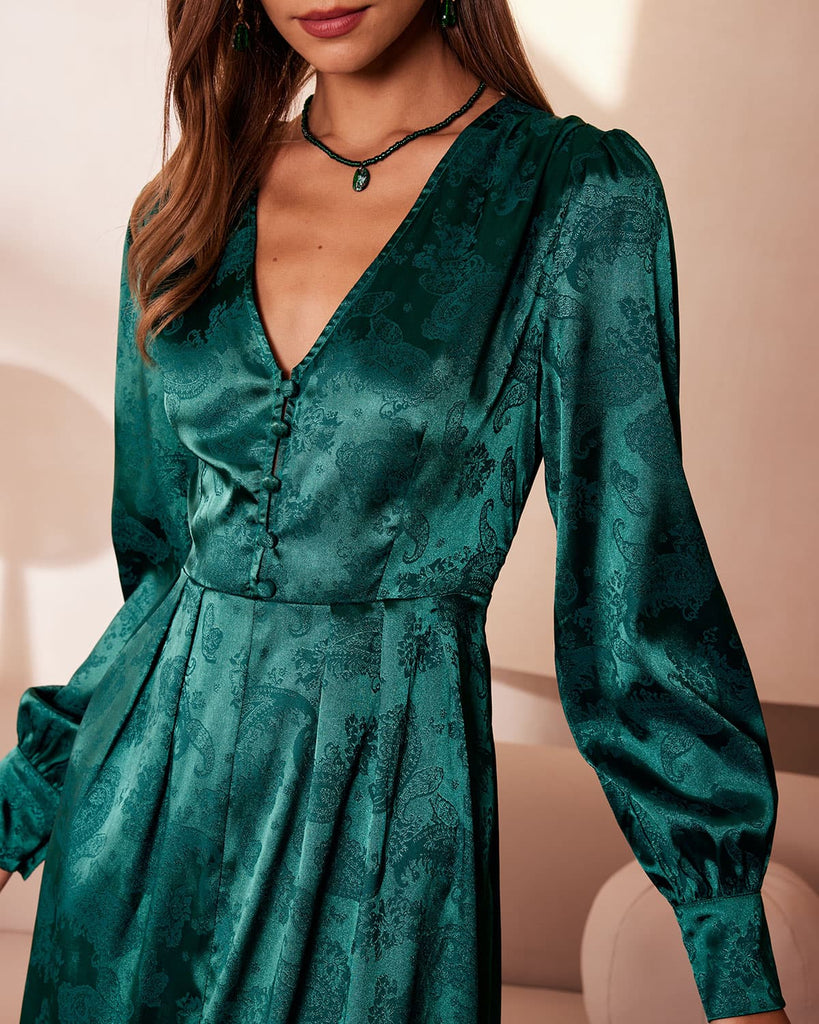 The Green Jacquard Long Sleeve Midi Dress Dresses - RIHOAS