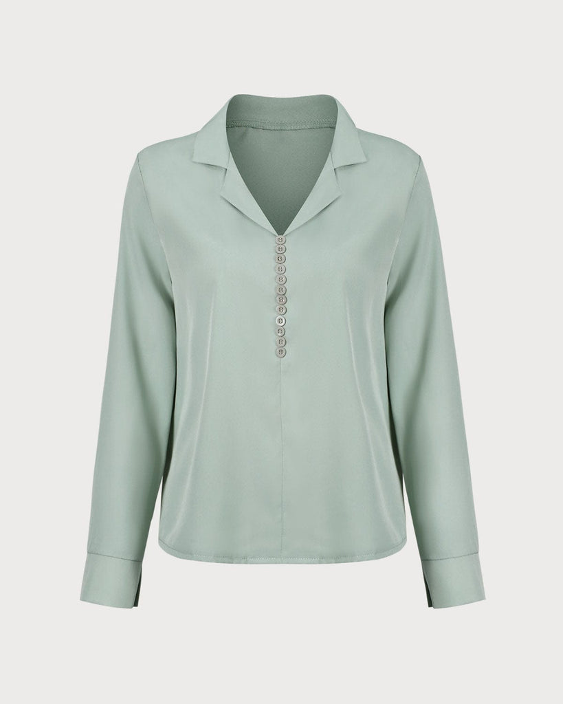 The Green Lapel Solid Button Shirt Green Tops - RIHOAS