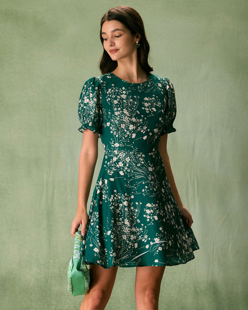 The Green Round Neck Floral Mini Dress Dresses - RIHOAS
