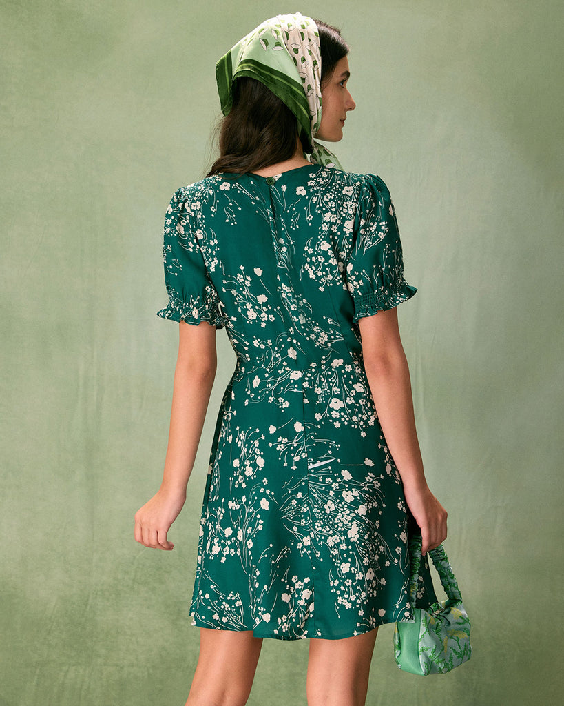 The Green Round Neck Floral Mini Dress Dresses - RIHOAS