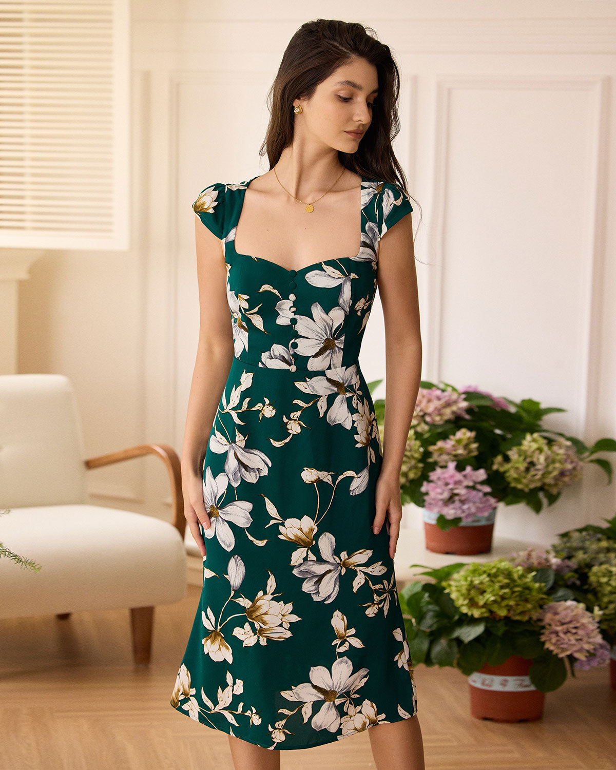 The Green Sweetheart Neck Floral Midi Dress Dresses - RIHOAS