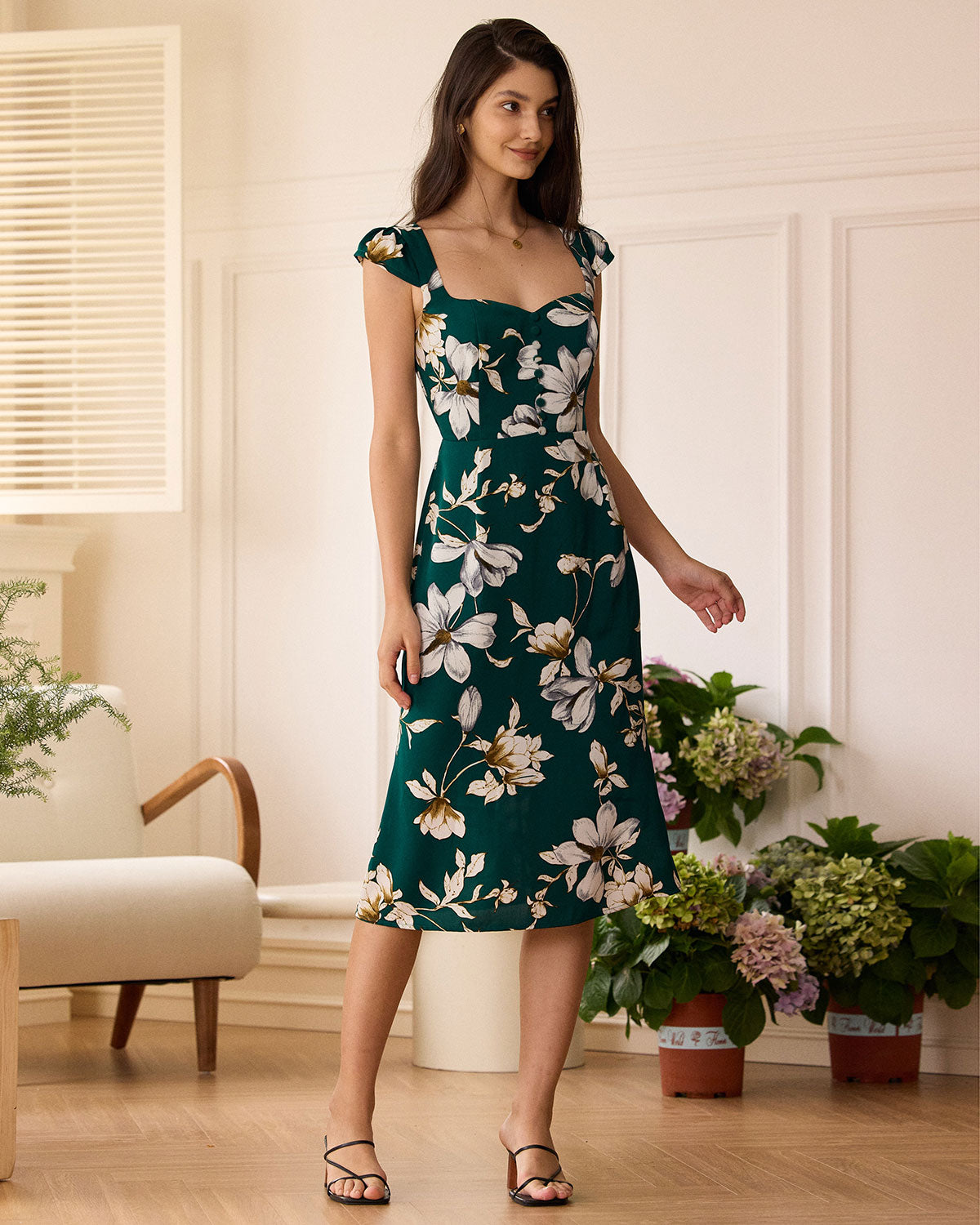 The Green Sweetheart Neck Floral Midi Dress Dresses - RIHOAS