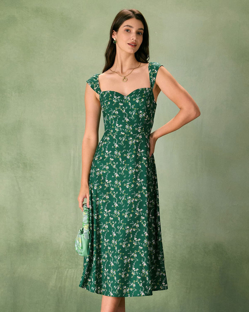 The Green Sweetheart Neck Floral Midi Dress Green Dresses - RIHOAS
