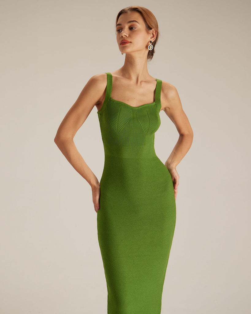 The Green Sweetheart Neck Knit Midi Dress Dresses - RIHOAS