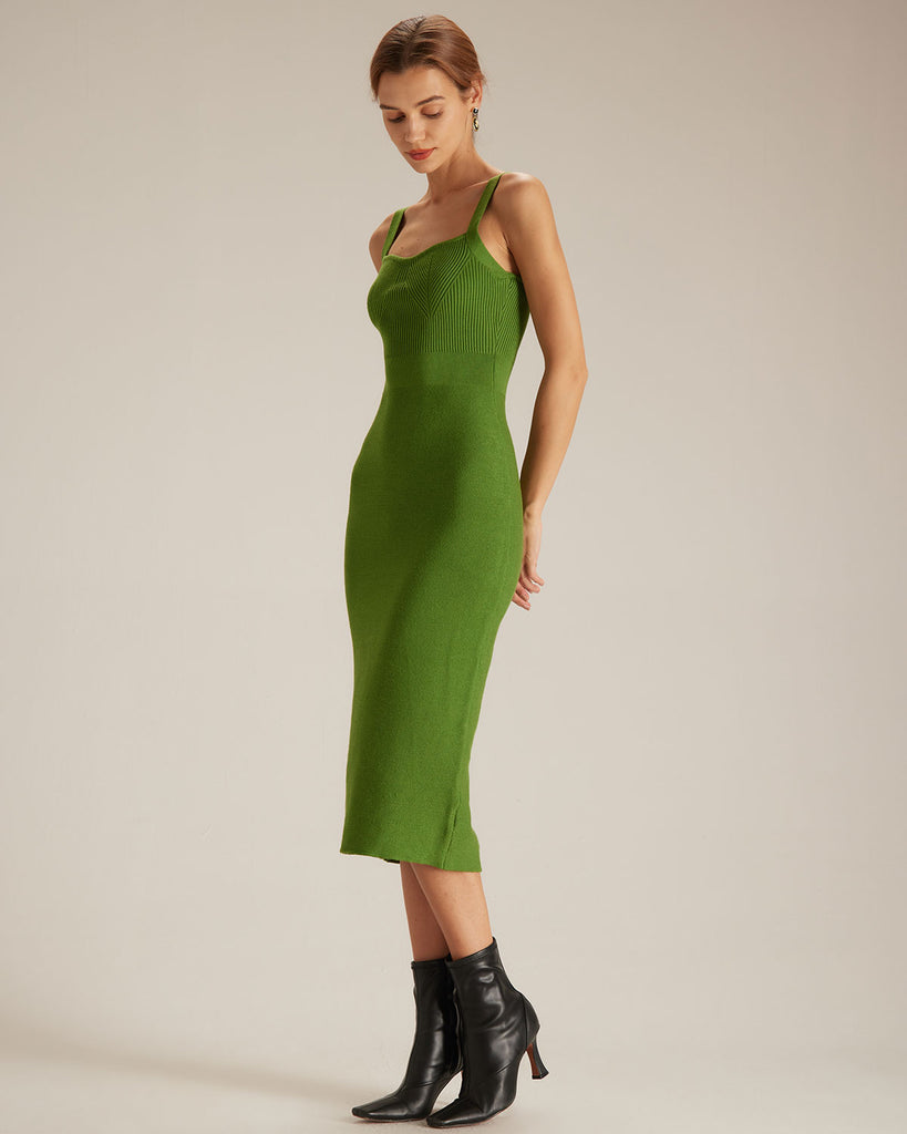 The Green Sweetheart Neck Knit Midi Dress Dresses - RIHOAS