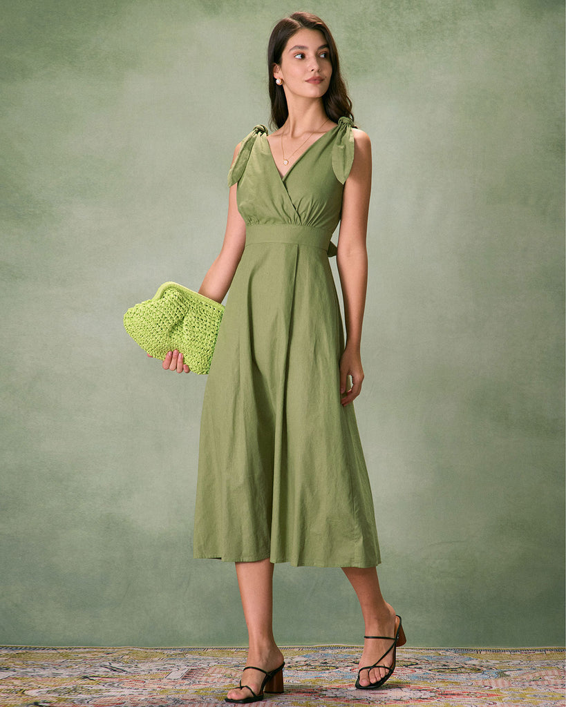 The Green Tie Strap Backless Midi Dress Dresses - RIHOAS