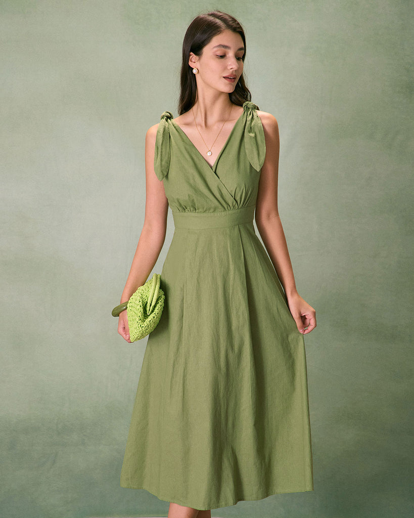 The Green Tie Strap Backless Midi Dress Green Dresses - RIHOAS