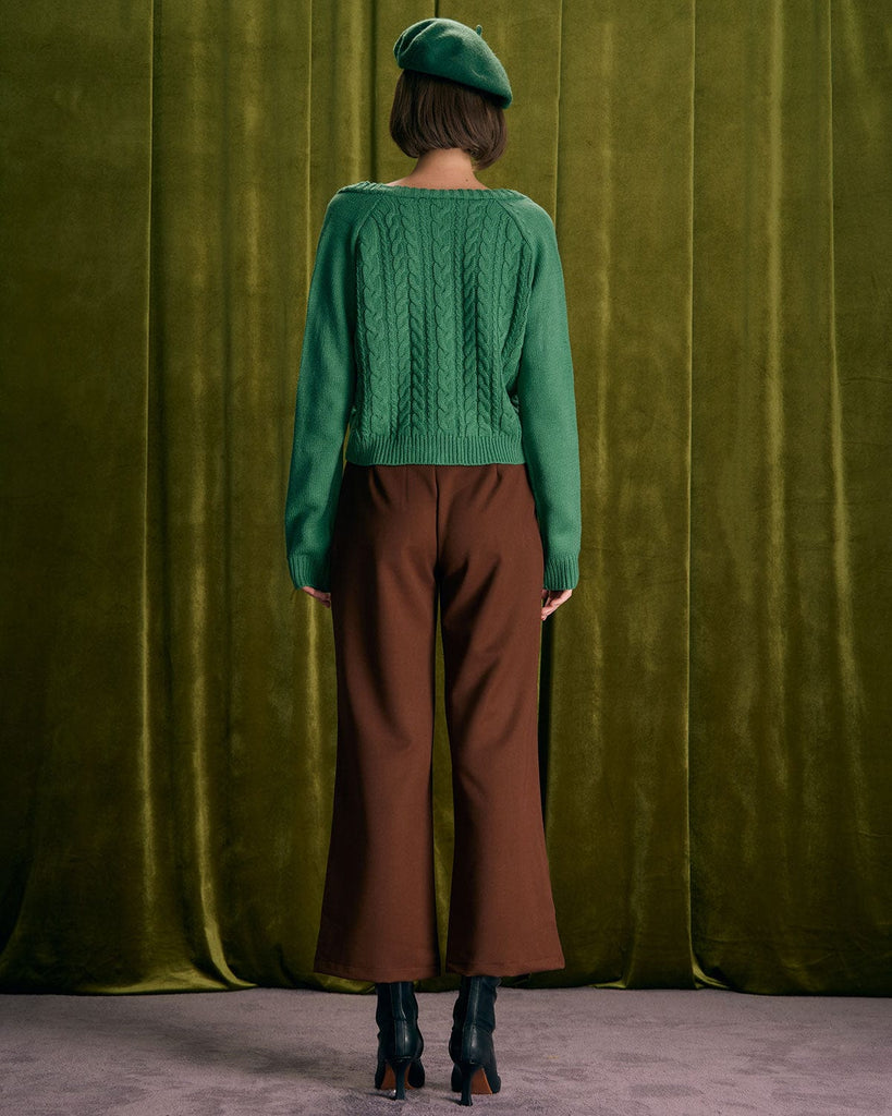 The Green V-Neck Cable Cardigan Tops - RIHOAS