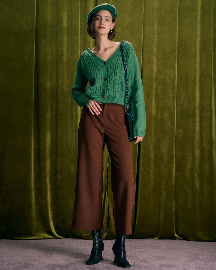 The Green V-Neck Cable Cardigan Tops - RIHOAS