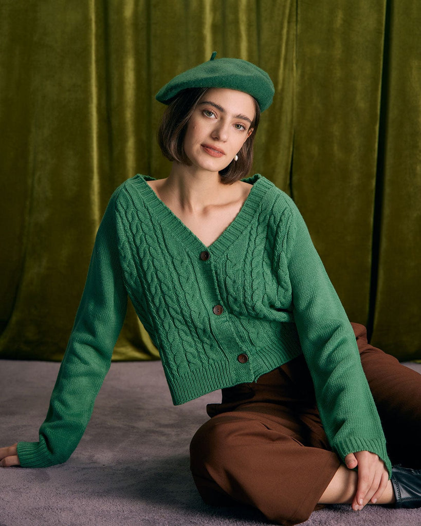 The Green V-Neck Cable Cardigan Tops - RIHOAS