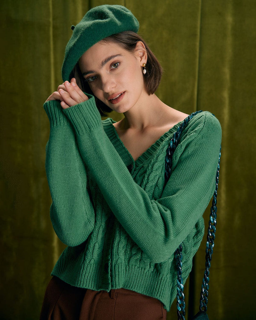 The Green V-Neck Cable Cardigan Tops - RIHOAS