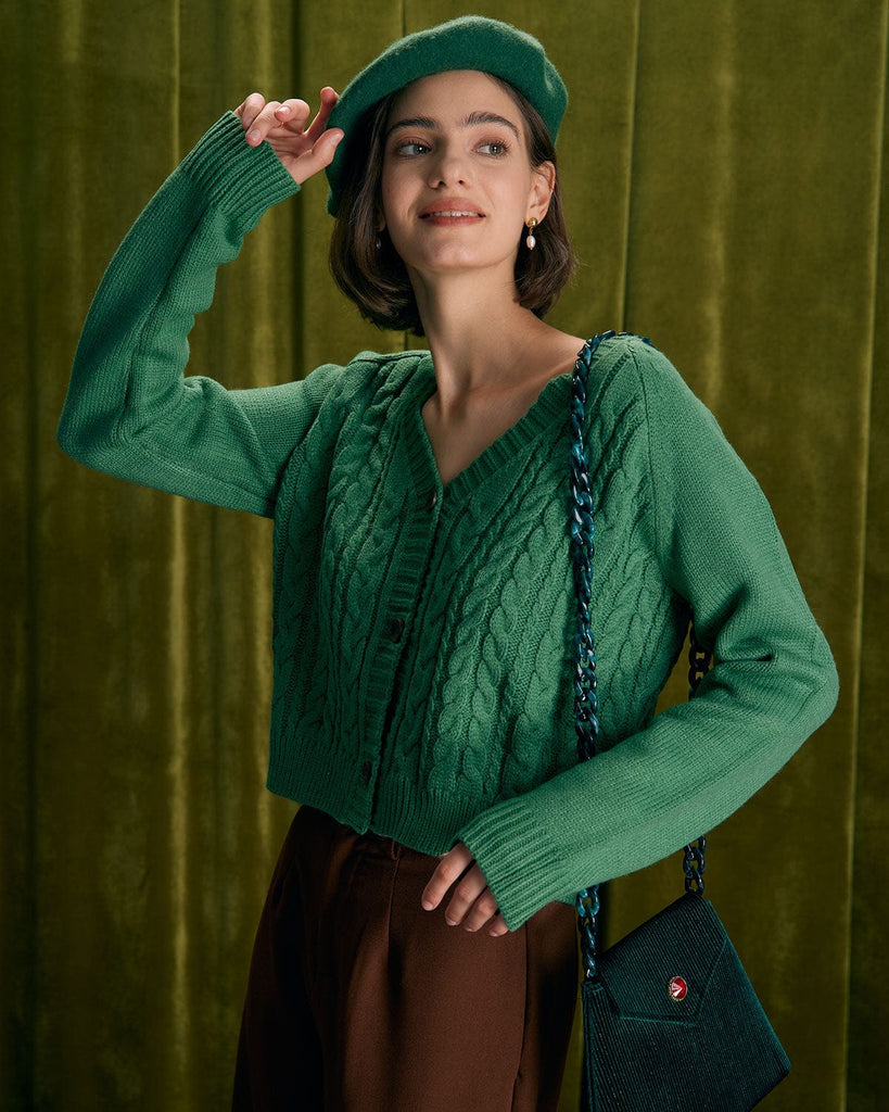 The Green V-Neck Cable Cardigan Tops - RIHOAS