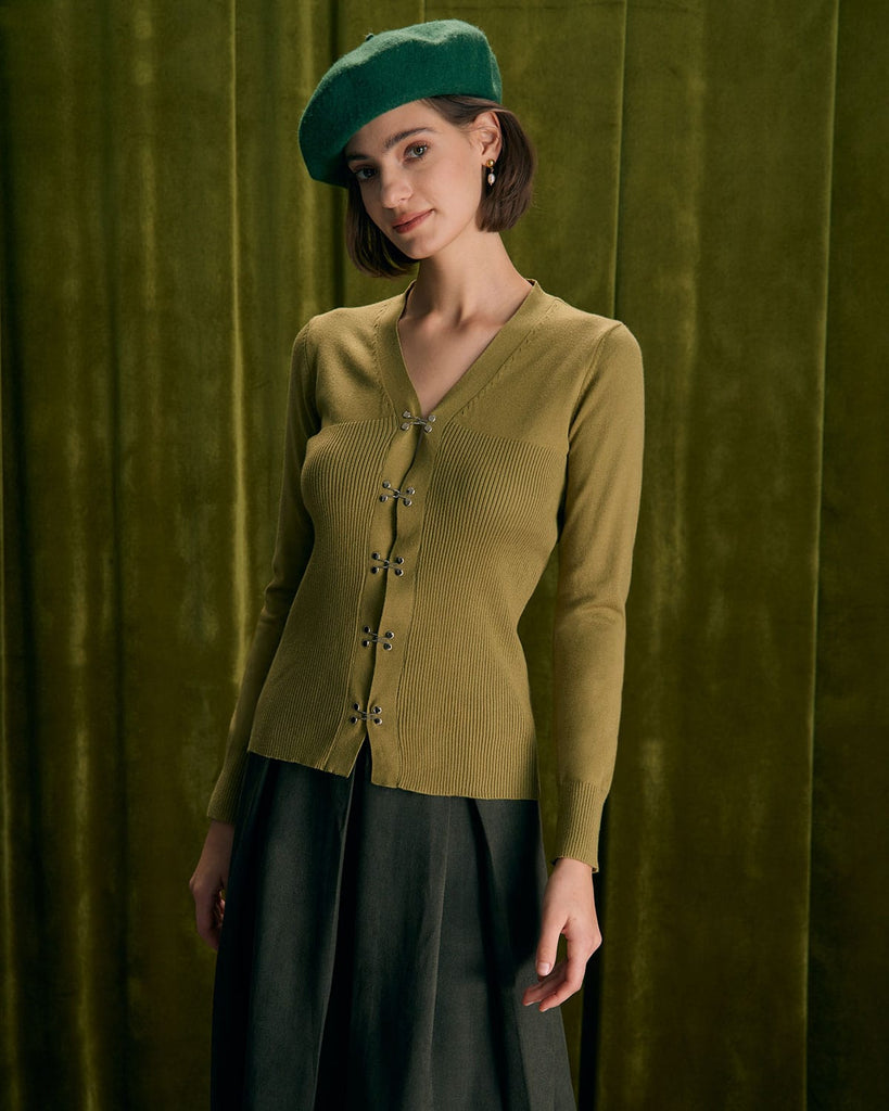 The Green V-Neck Solid Cardigan Tops - RIHOAS