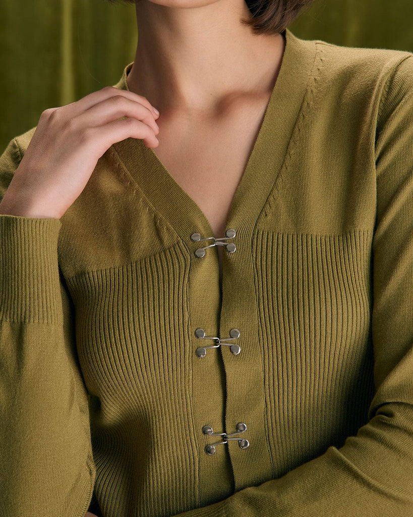 The Green V-Neck Solid Cardigan Tops - RIHOAS