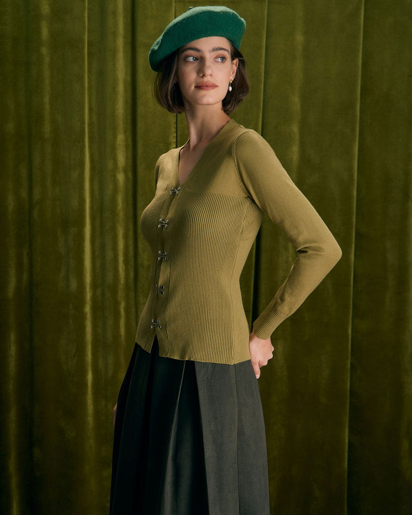 The Green V-Neck Solid Cardigan Tops - RIHOAS