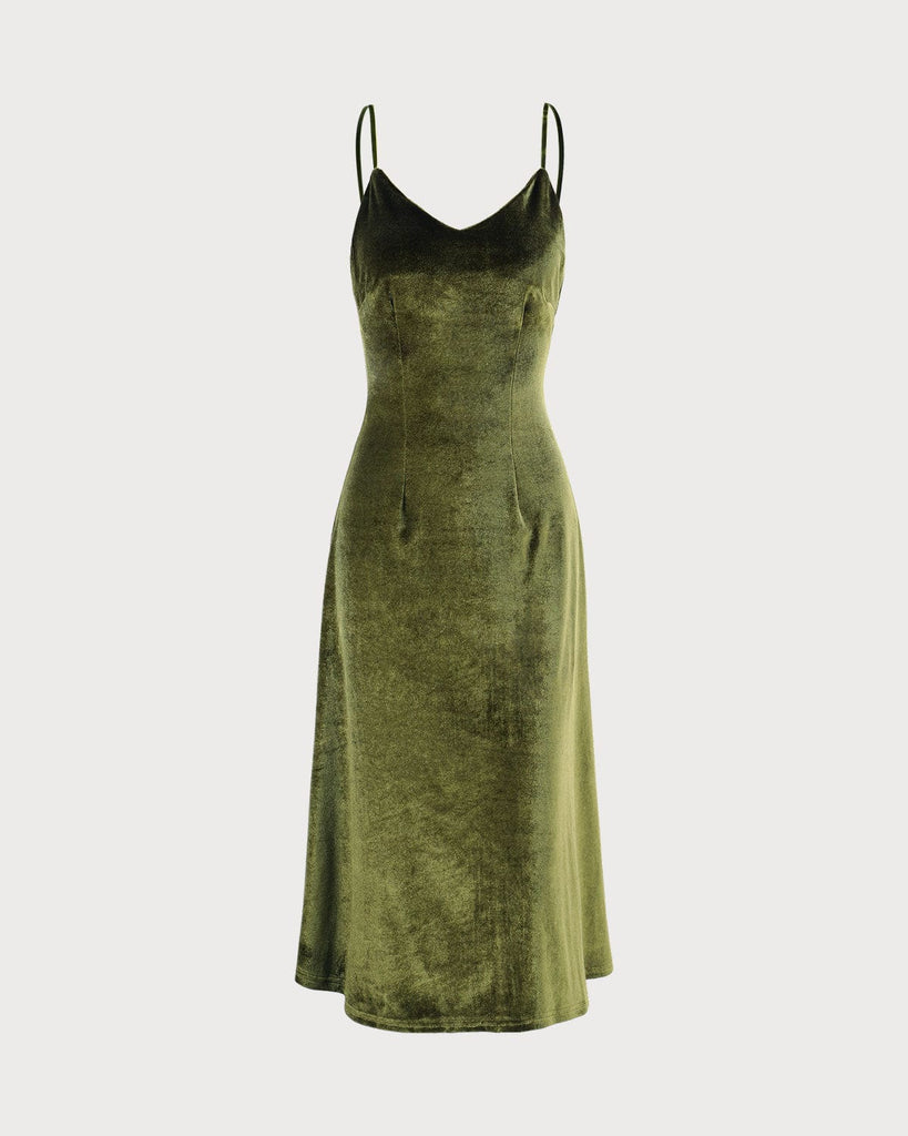 The Green V-Neck Velvet Dress Green Dresses - RIHOAS