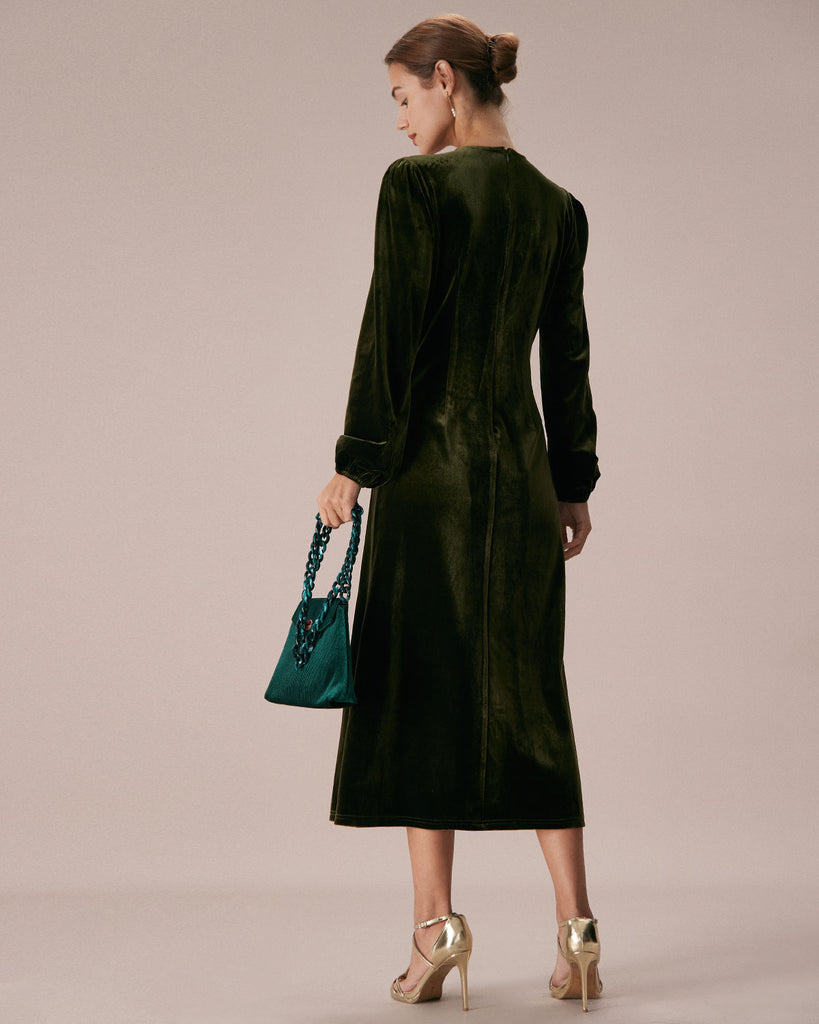 The Green V-Neck Velvet Slit Dress Dresses - RIHOAS