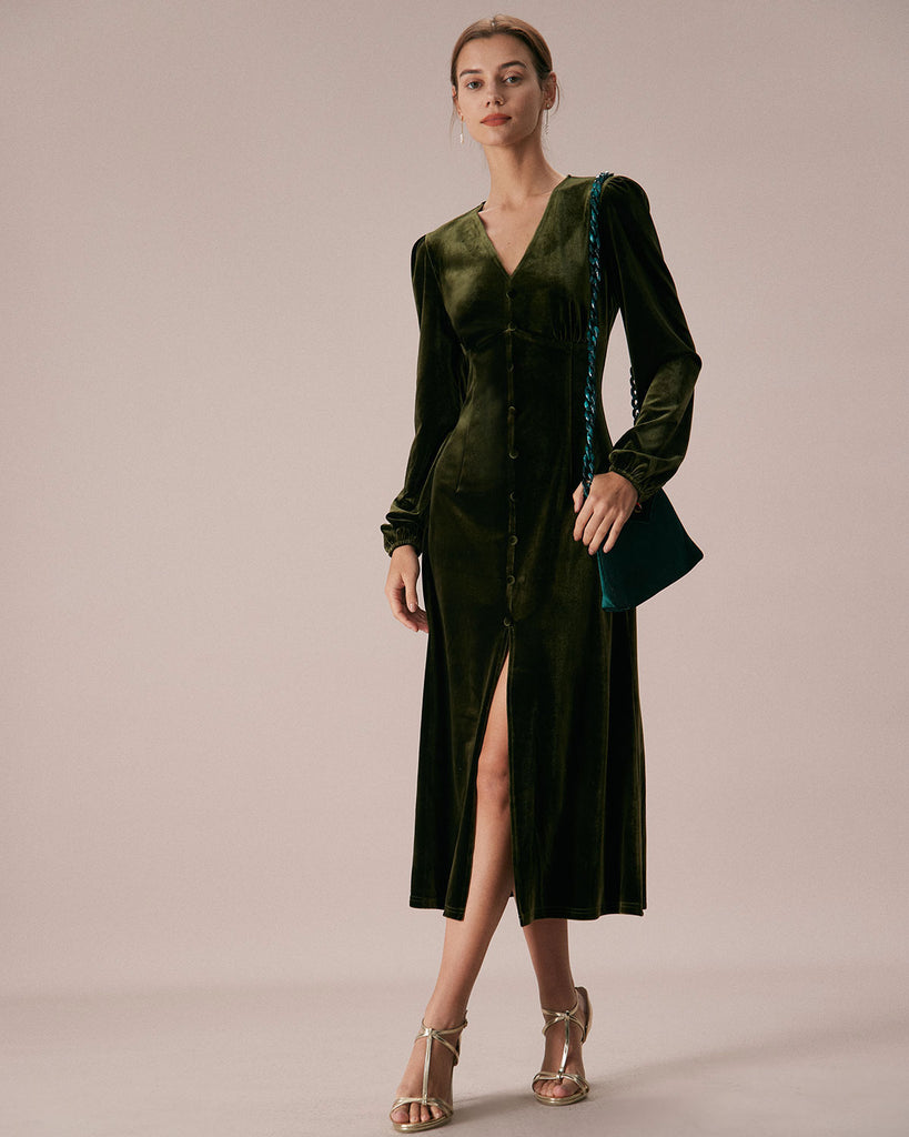 The Green V-Neck Velvet Slit Dress Dresses - RIHOAS