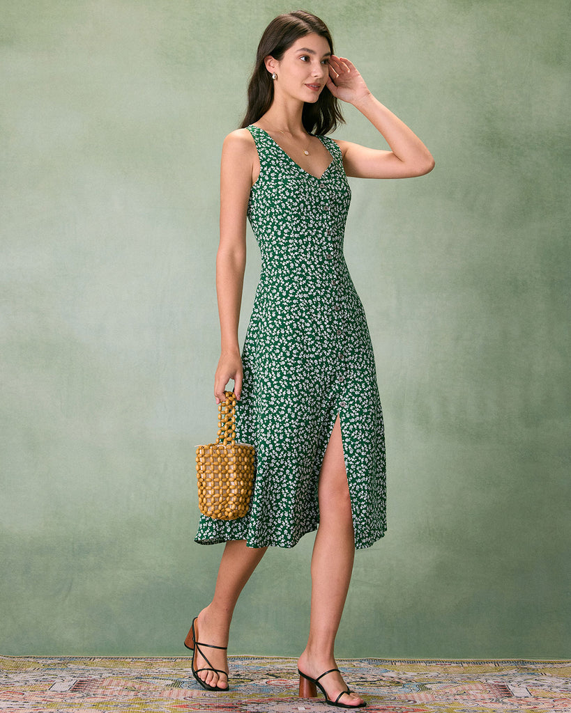 The Green V Neck Floral Button Midi Dress Dresses - RIHOAS