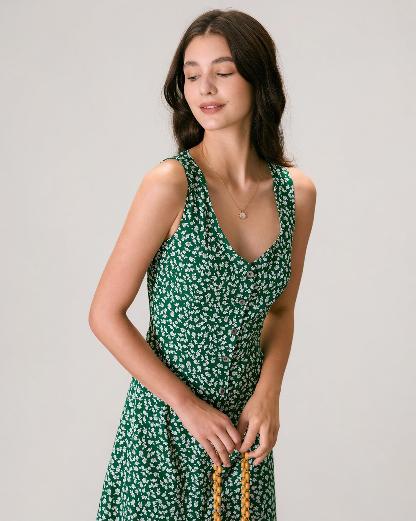 Rihoas French-Style Ditsy Floral Midi Dress | Sleeveless Button-Front with a Side Slit for Summer Vacation, Green / XS Rihoas French-Style Ditsy Floral Midi Dress | Sleeveless Button-Front with a Side Slit for Summer Vacation, Green / XS
