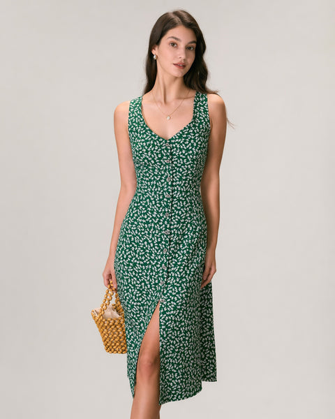 slim fit dress slacks Rihoas French-style Ditsy Floral Midi Dress