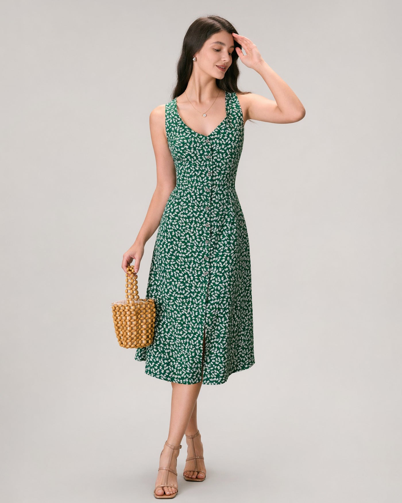 slim fit dress slacks CurveWow Puff Sleeve V Neck Dress Green Floral – Curvewow main image 0
