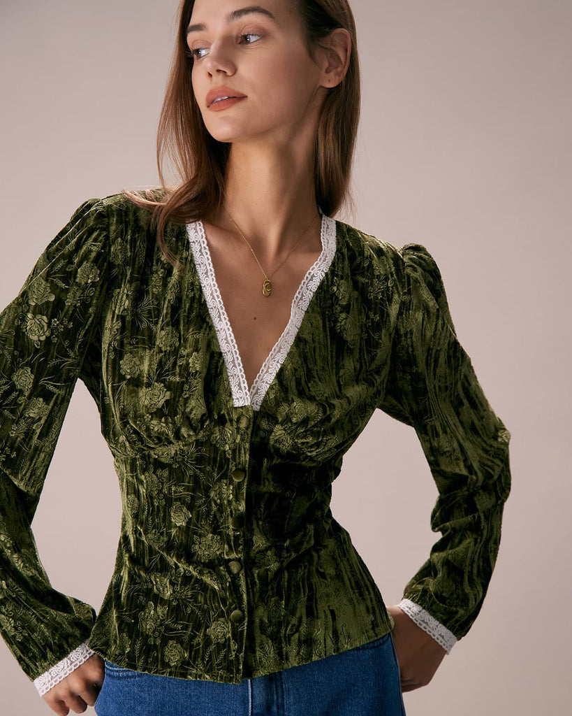 The Green V Neck Lace Velvet Blouse Green Tops - RIHOAS