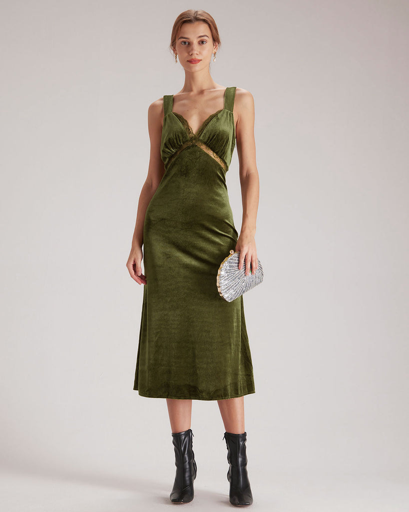 The Green V Neck Lace Velvet Midi Dress Dresses - RIHOAS