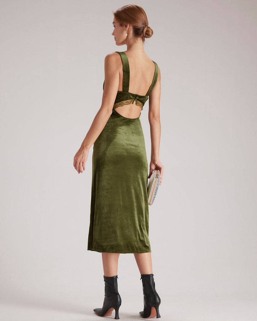 The Green V Neck Lace Velvet Midi Dress Dresses - RIHOAS