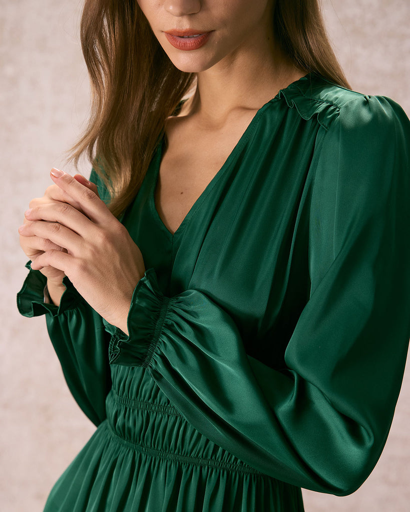 The Green V Neck Satin Midi Dress Dresses - RIHOAS