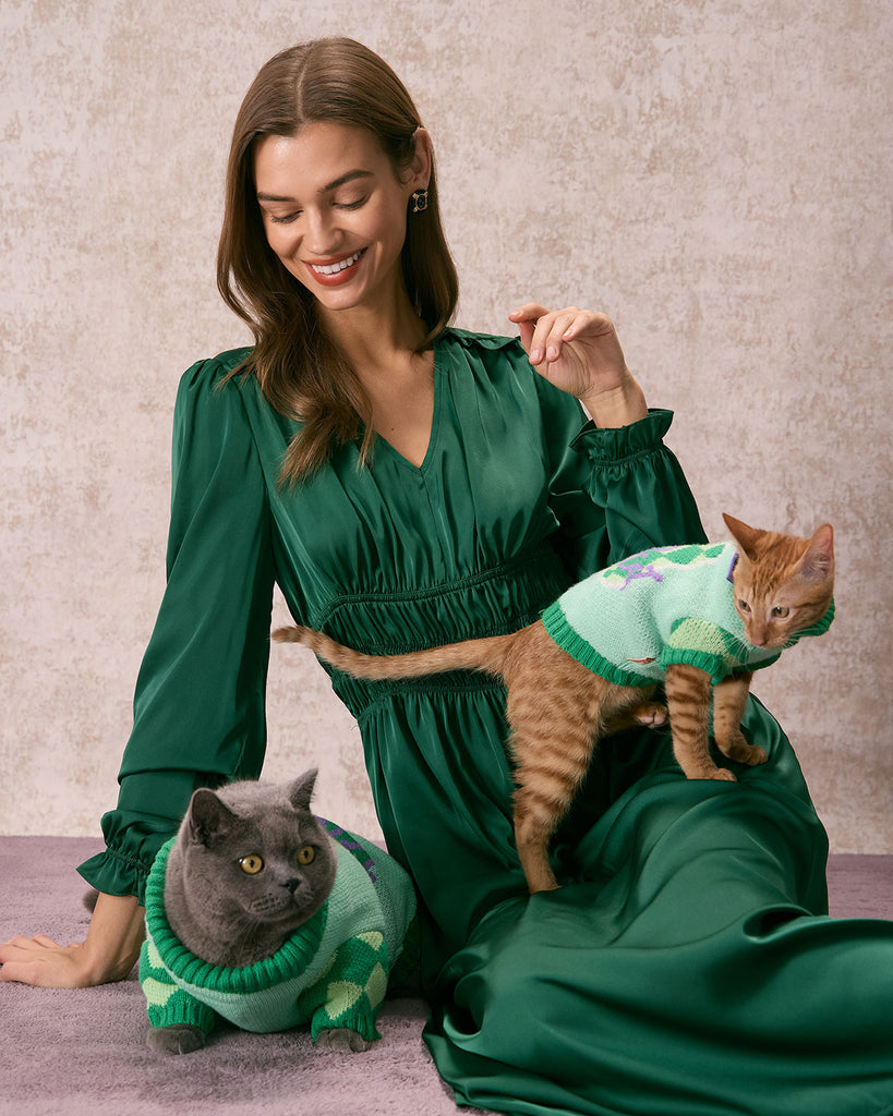 The Green V Neck Satin Midi Dress Dresses - RIHOAS