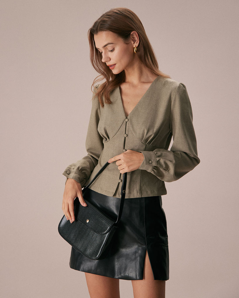The Green V Neck Solid Button Blouse Tops - RIHOAS
