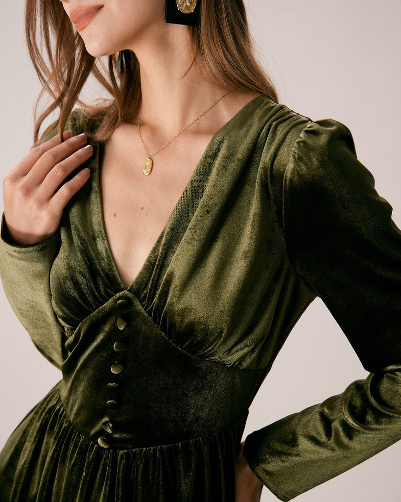 The Green V Neck Velvet Ruched Midi Dress Dresses - RIHOAS