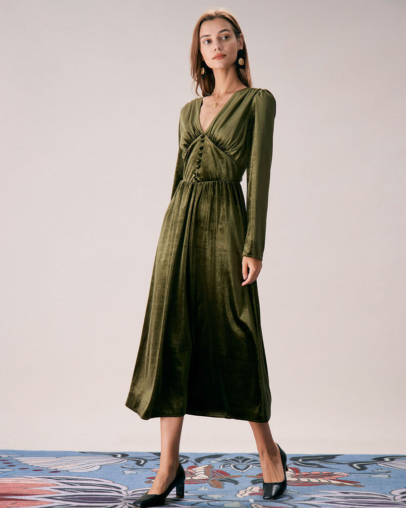 The Green V Neck Velvet Ruched Midi Dress Dresses - RIHOAS
