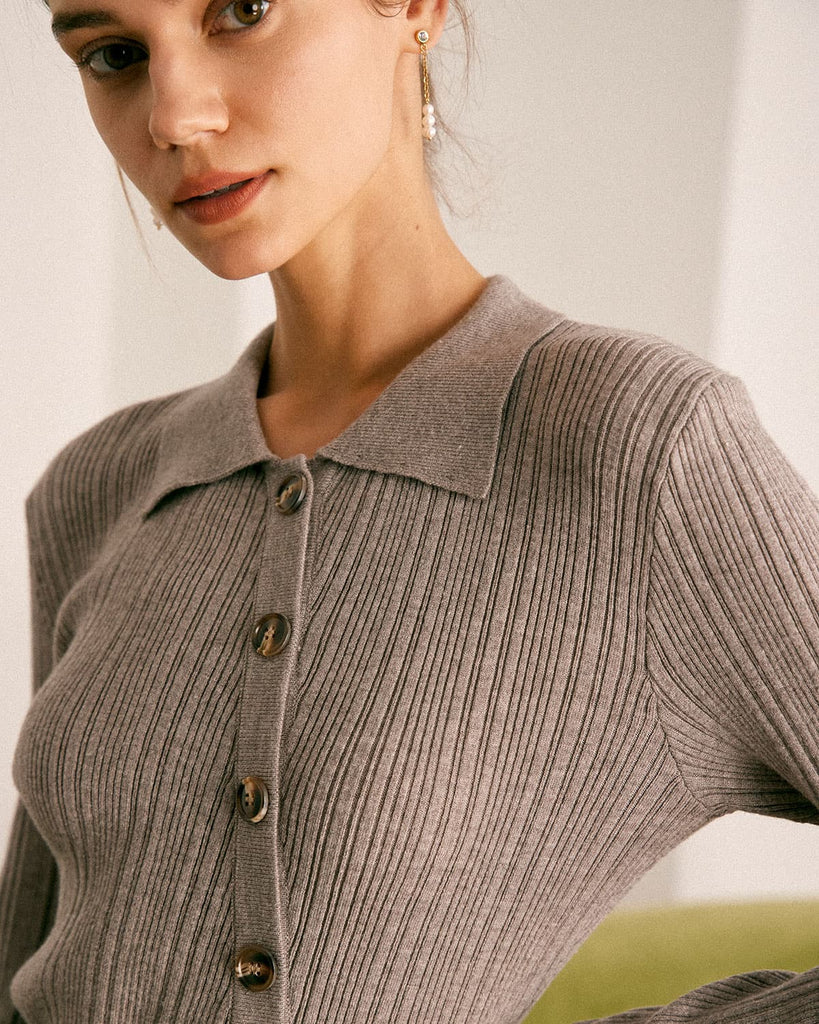 The Grey Collared Solid Knit Top Tops - RIHOAS