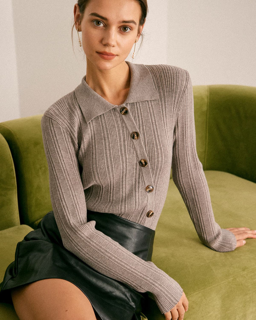 The Grey Collared Solid Knit Top Tops - RIHOAS
