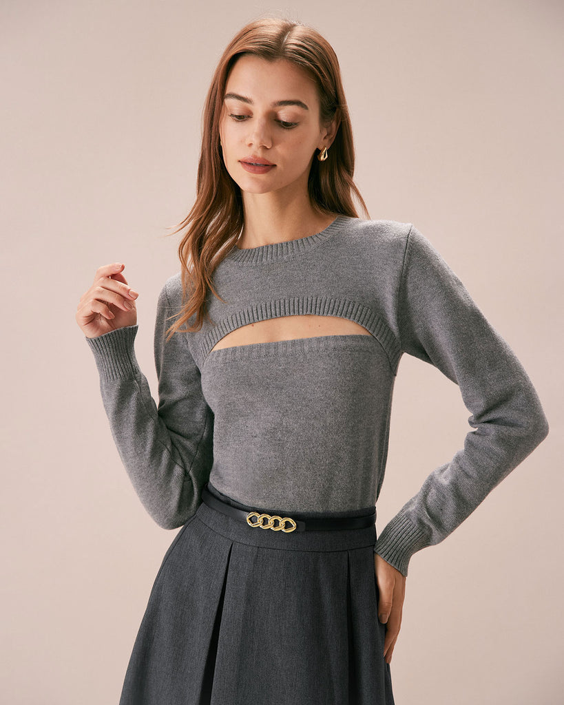 The Grey Crew Neck Cut Out Sweater Tops - RIHOAS