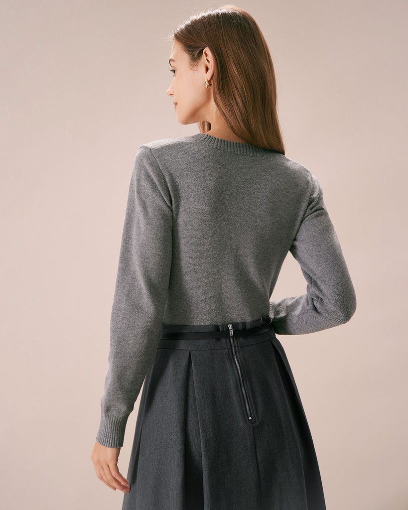The Grey Crew Neck Cut Out Sweater Tops - RIHOAS