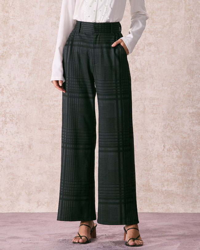 The Grey High Waisted Plaid Wide Leg Pants Reviews Grey Bottoms RIHOAS
