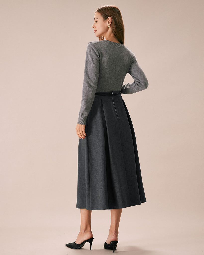 The Grey High Waisted Solid Pleated Midi Skirt Bottoms - RIHOAS