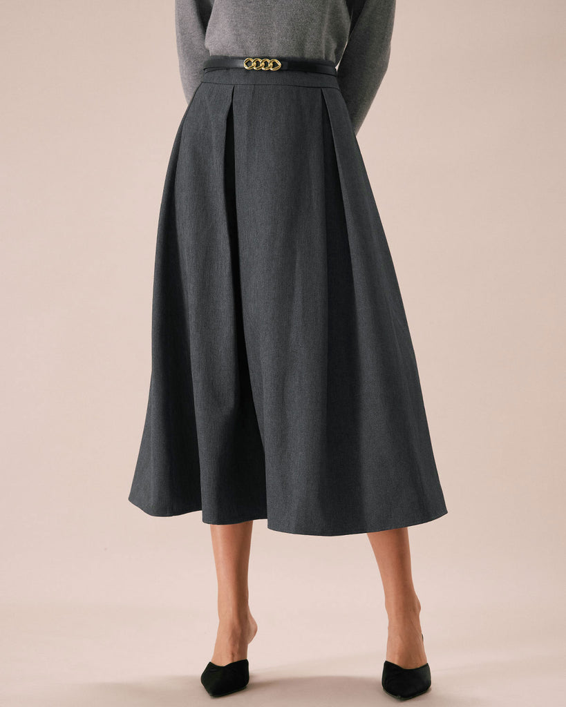 The Grey High Waisted Solid Pleated Midi Skirt Grey Bottoms - RIHOAS