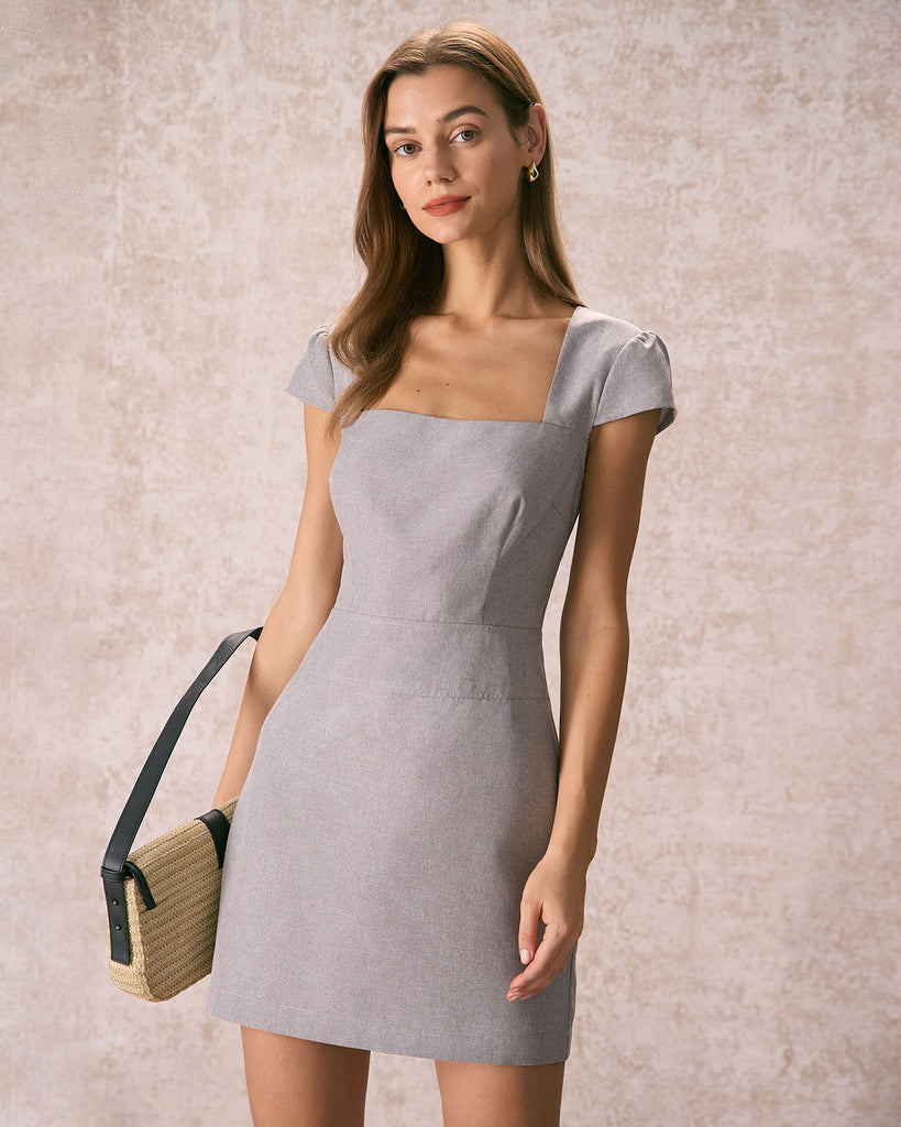 The Grey Square Neck Mini Dress Grey Dresses - RIHOAS