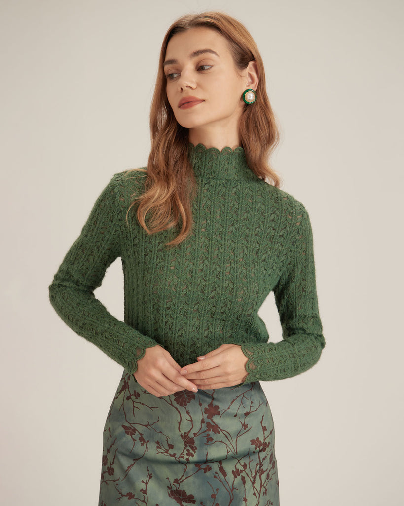 The Half High Neck Lace Top Dark Green Tops - RIHOAS