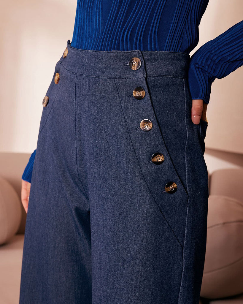 The High Waisted Button Fly Faux Jeans Denim - RIHOAS